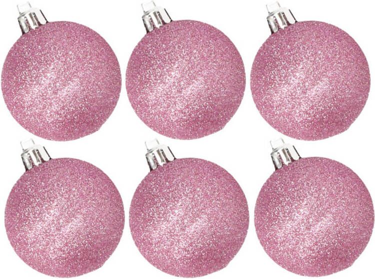 Cosy & Trendy 6x stuks kunststof glitter kerstballen roze 6 cm Kerstbal