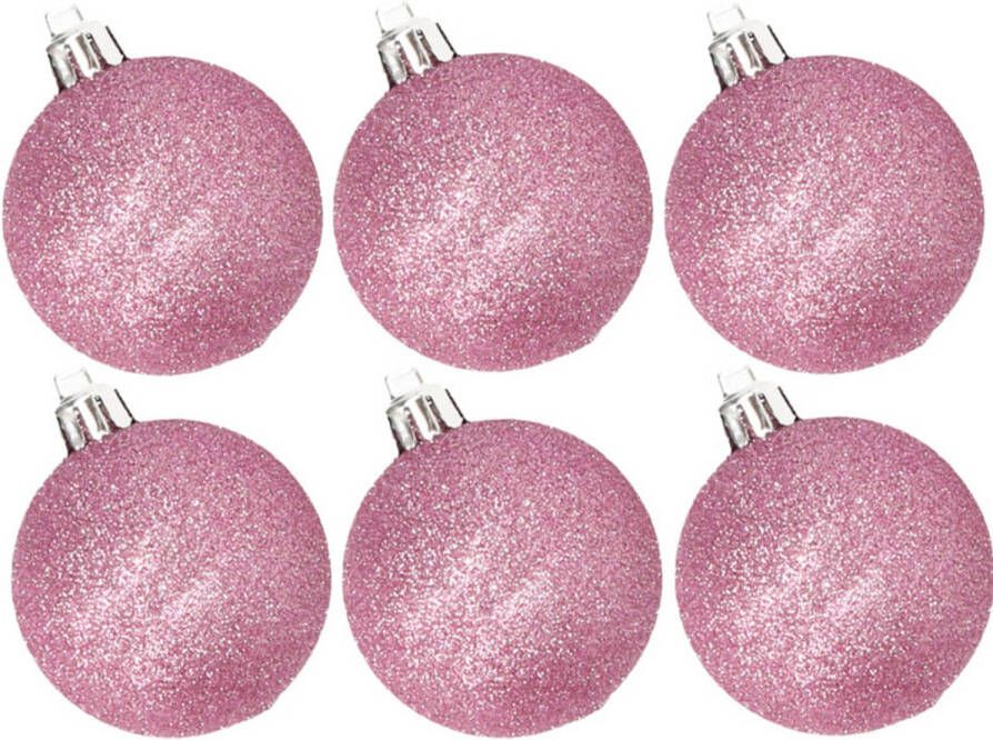 Cosy & Trendy 6x stuks kunststof glitter kerstballen roze 8 cm Kerstbal