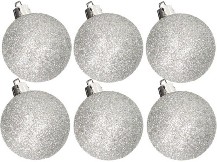 Cosy & Trendy 6x stuks kunststof glitter kerstballen zilver 6 cm Kerstbal