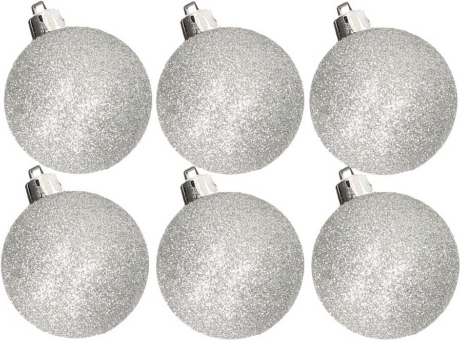 Cosy & Trendy 6x stuks kunststof glitter kerstballen zilver 8 cm Kerstbal