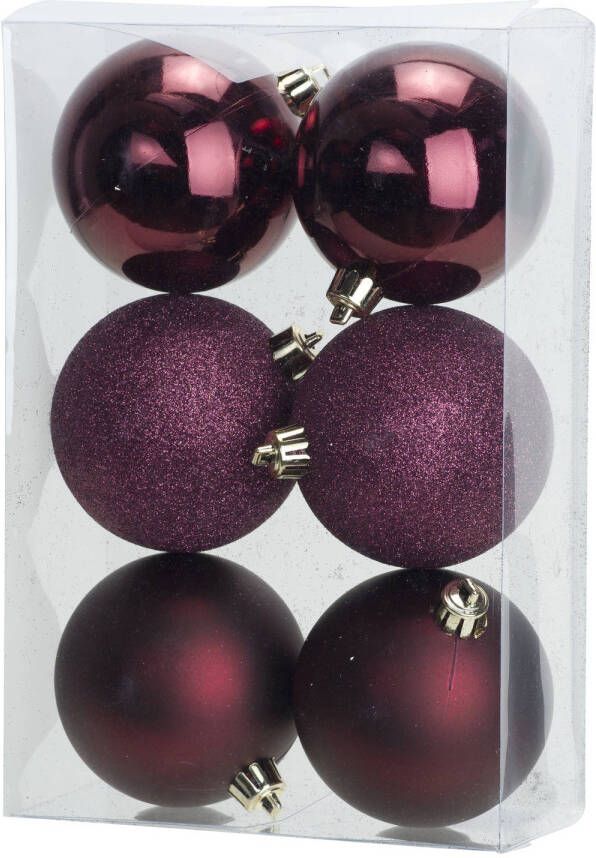 Cosy & Trendy 6x stuks kunststof kerstballen aubergine roze 8 cm mat glans glitter Kerstbal