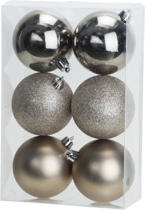 Cosy & Trendy 6x stuks kunststof kerstballen champagne 8 cm mat glans glitter Kerstbal