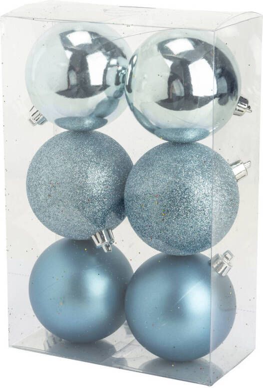Cosy & Trendy 6x stuks kunststof kerstballen ijsblauw 8 cm mat glans glitter Kerstbal