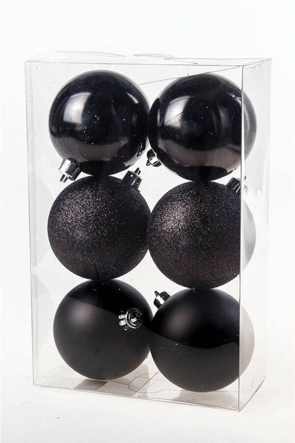 Cosy & Trendy 6x Zwarte kerstballen 8 cm kunststof mat glans glitter Kerstbal