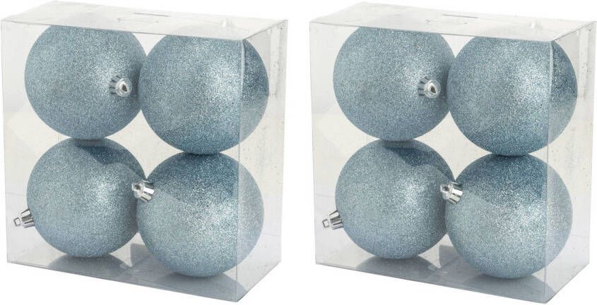 Cosy & Trendy 8x stuks kunststof glitter kerstballen ijsblauw 10 cm Kerstbal