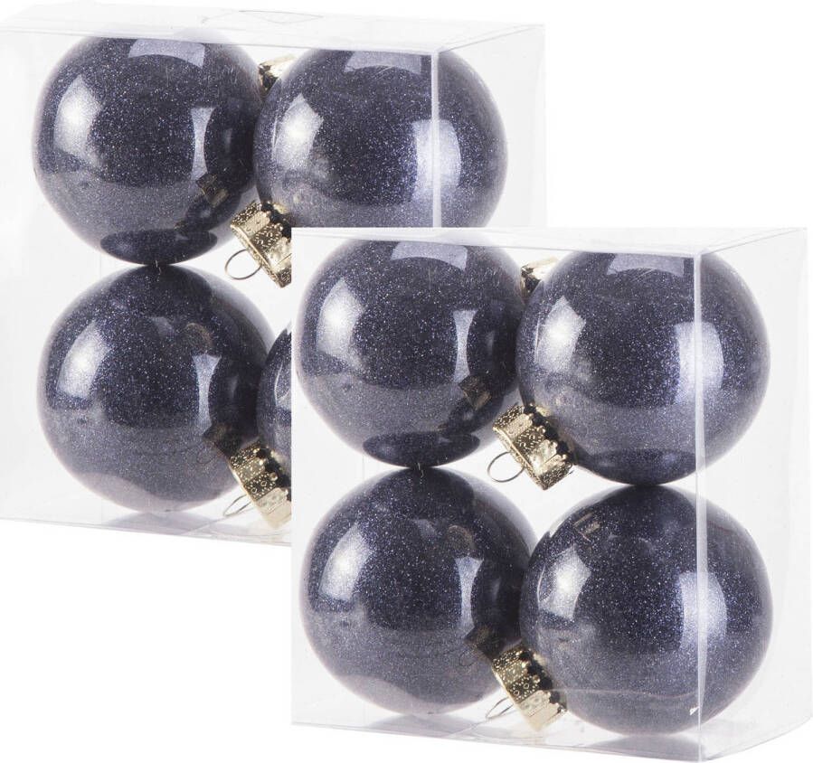 Cosy & Trendy 8x stuks kunststof kerstballen met glitter afwerking donkerblauw 8 cm Kerstbal