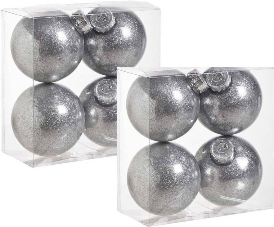 Cosy & Trendy 8x stuks kunststof kerstballen met glitter afwerking zilver 8 cm Kerstbal