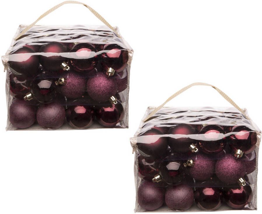 Cosy & Trendy 96x stuks kunststof kerstballen donkerrood 6 cm in opbergtassen opbergboxen Kerstbal