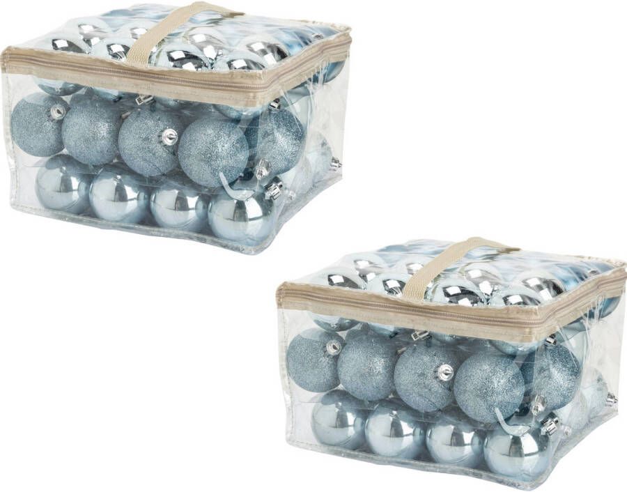 Cosy & Trendy 96x stuks kunststof kerstballen ijsblauw 6 cm in opbergtassen opbergboxen Kerstbal