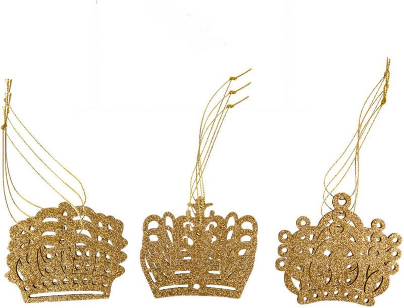 Cosy & Trendy 9x stuks kronen kersthangers glitter goud van hout 7 cm kerstornamenten Kersthangers
