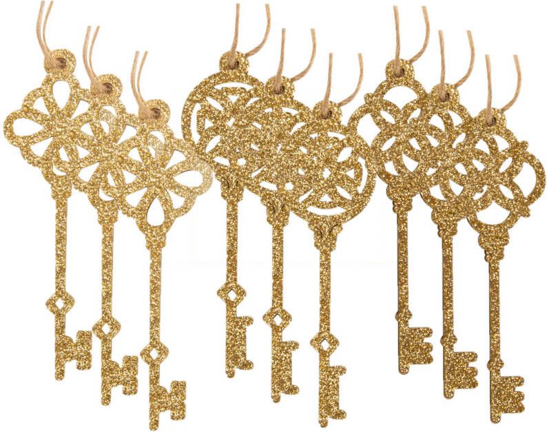 Cosy & Trendy 9x stuks sleutels kersthangers glitter goud van hout 10 5 cm kerstornamenten Kersthangers