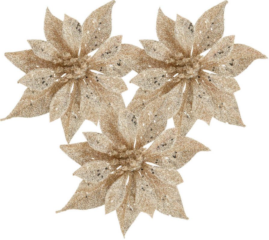 Cosy & Trendy Cosy and Trendy kerst bloem op clip 3x champagne -18 cm -glitters Kersthangers
