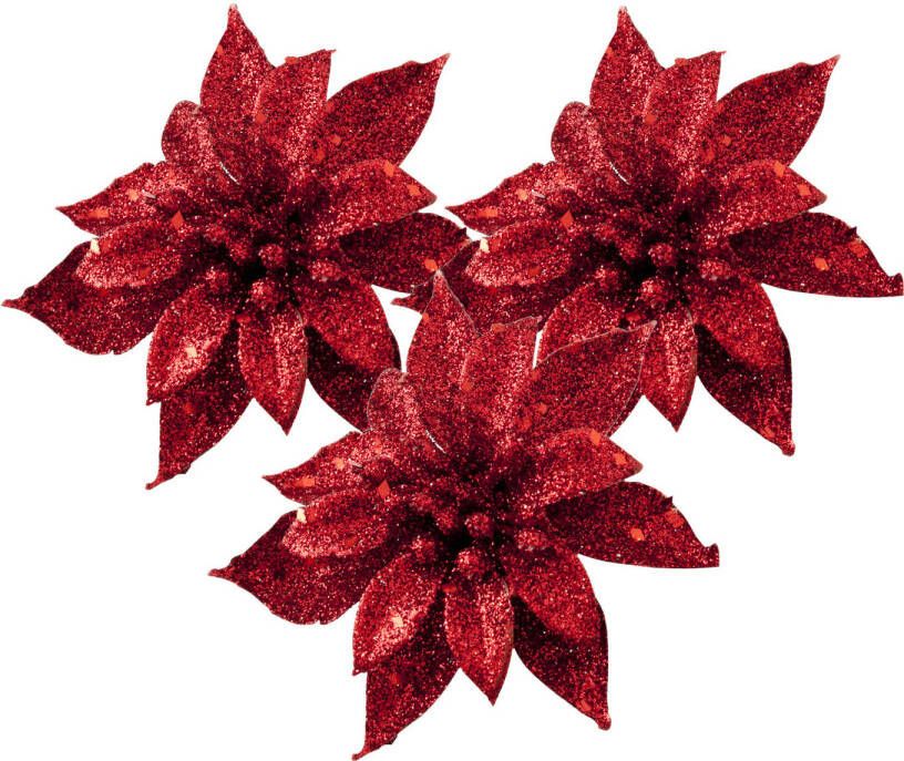 Cosy & Trendy Cosy and Trendy kerst bloem op clip 3x- rood -8 cm glitters Kersthangers