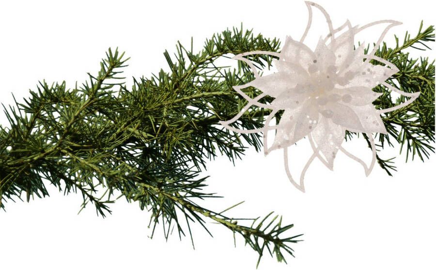 Cosy & Trendy Cosy and Trendy kerst bloem op clip wit -14 cm -glitters kunststof Kersthangers