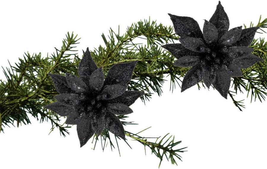 Cosy & Trendy Cosy and Trendy kerst bloemen op clip 2x- zwart -8 cm glitters Kersthangers
