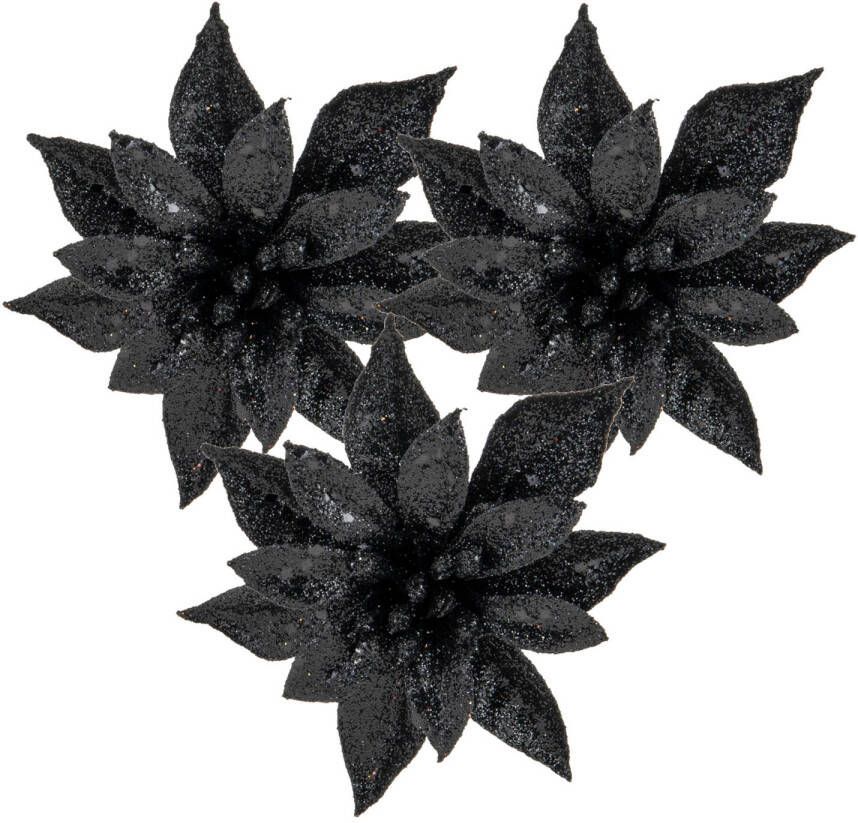 Cosy & Trendy Cosy and Trendy kerst bloemen op clip 3x- zwart -8 cm glitters Kersthangers