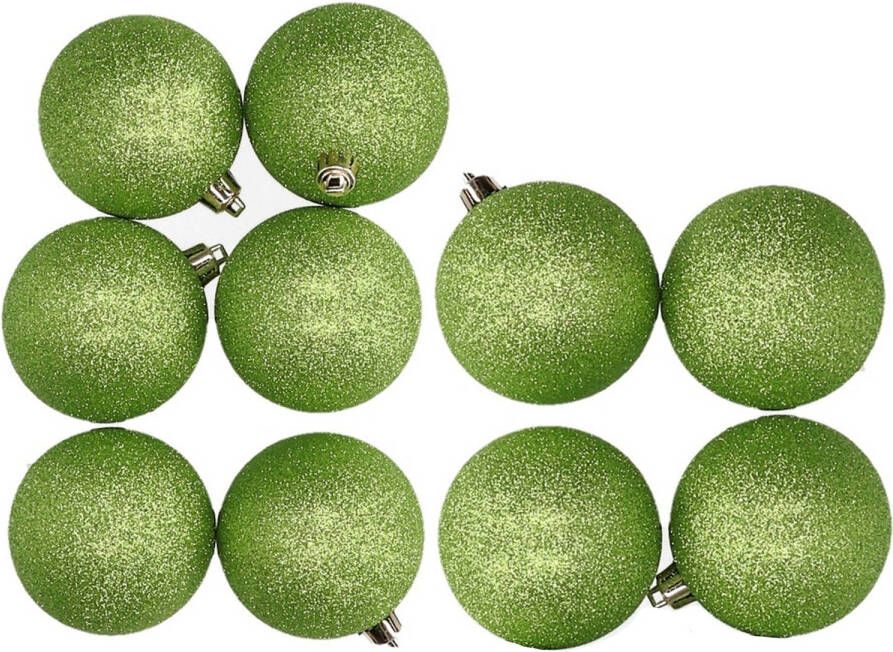 Cosy & Trendy Glitter kerstballen 10x stuks appelgroen 8 en 10 cm kunststof Kerstbal