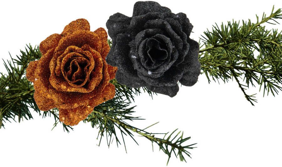 Cosy & Trendy Kerst bloemen op clip 2x st koper en zwart 10 cm Kersthangers