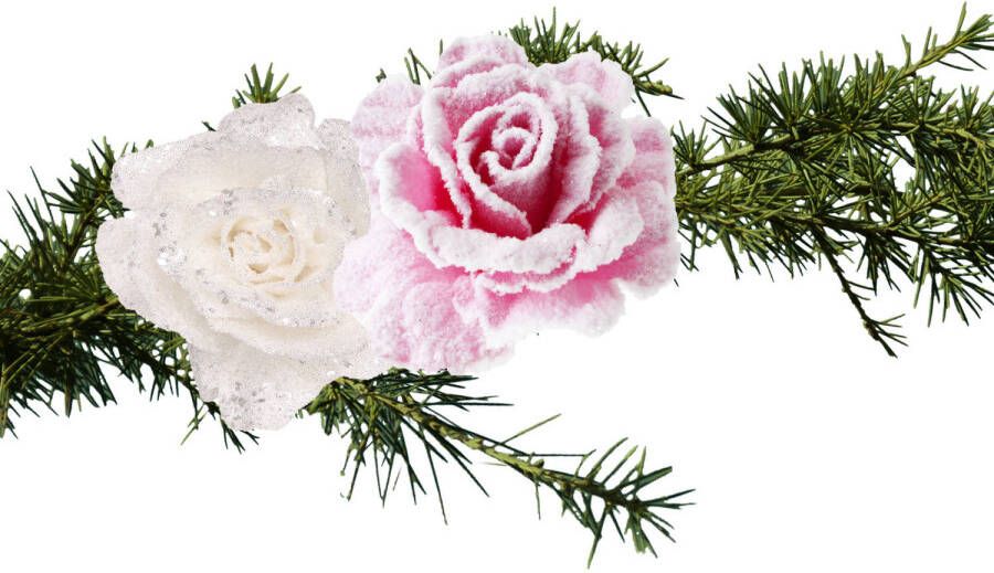 Cosy & Trendy Kerst bloemen op clip 2x st roze en wit 10 cm Kersthangers