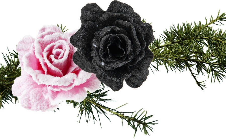Cosy & Trendy Kerst bloemen op clip 2x st roze en zwart 10 cm Kersthangers