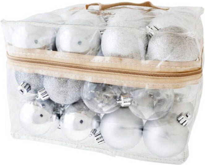 Cosy & Trendy 48x stuks kunststof kerstballen zilver 6 cm in opbergtas opbergbox Kerstbal