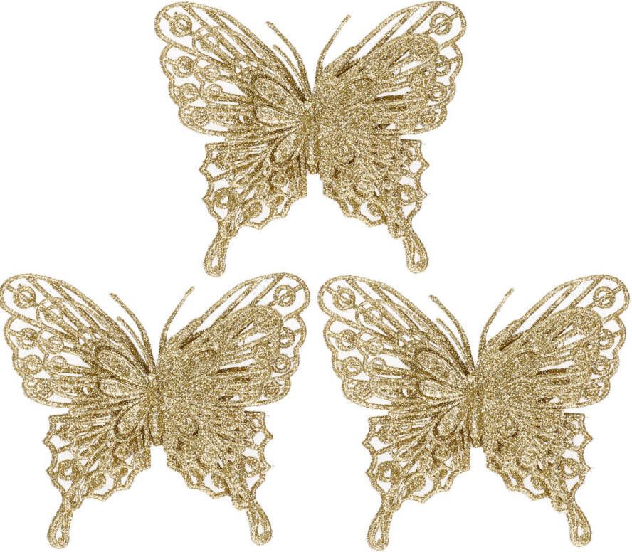 Cosy & Trendy Kersthangers op clip 3ST vlinders goud glitter 11 cm Kersthangers