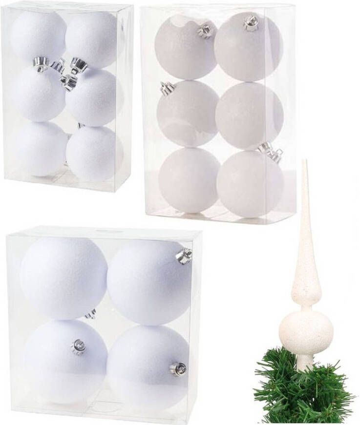 Cosy & Trendy Kerstversiering set glitter kerstballen en piek wit 6 8 -10 cm pakket van 51x stuks Kerstbal