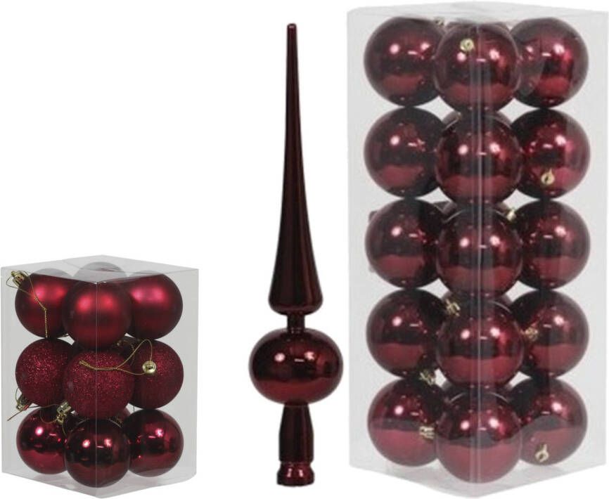 Cosy & Trendy Kerstversiering set kerstballen met piek donkerrood 6 8 cm pakket van 56x stuks Kerstbal