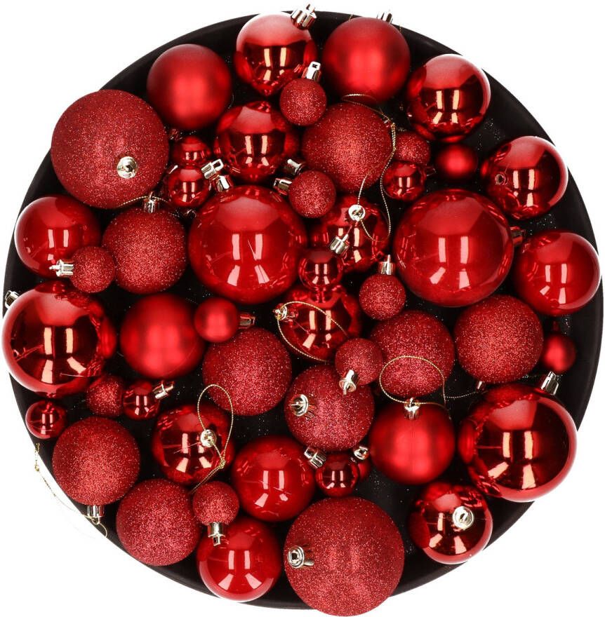 Cosy & Trendy Kerstversiering set kerstballen rood 6 8 10 cm pakket van 62x stuks Kerstbal