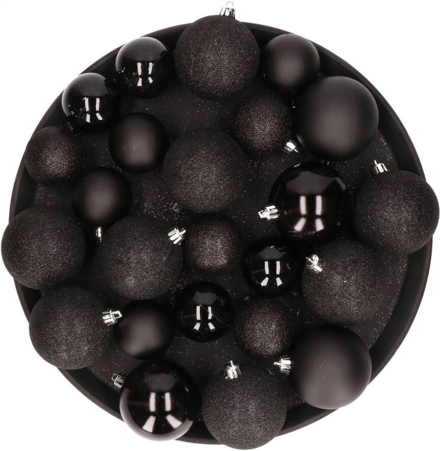 Cosy & Trendy Kerstversiering set kerstballen zwart 6 8 10 cm pakket van 46x stuks Kerstbal