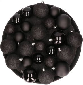 Cosy & Trendy Kerstversiering set kerstballen zwart 6 8 10 cm pakket van 56x stuks Kerstbal