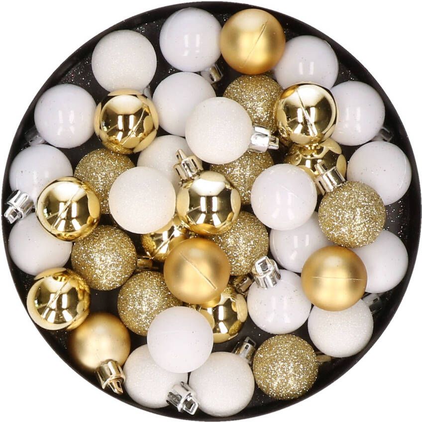 Cosy & Trendy Kleine kunststof kerstversiering 40x stuks set en 3 cm kerstballen in het goud en wit Kerstbal