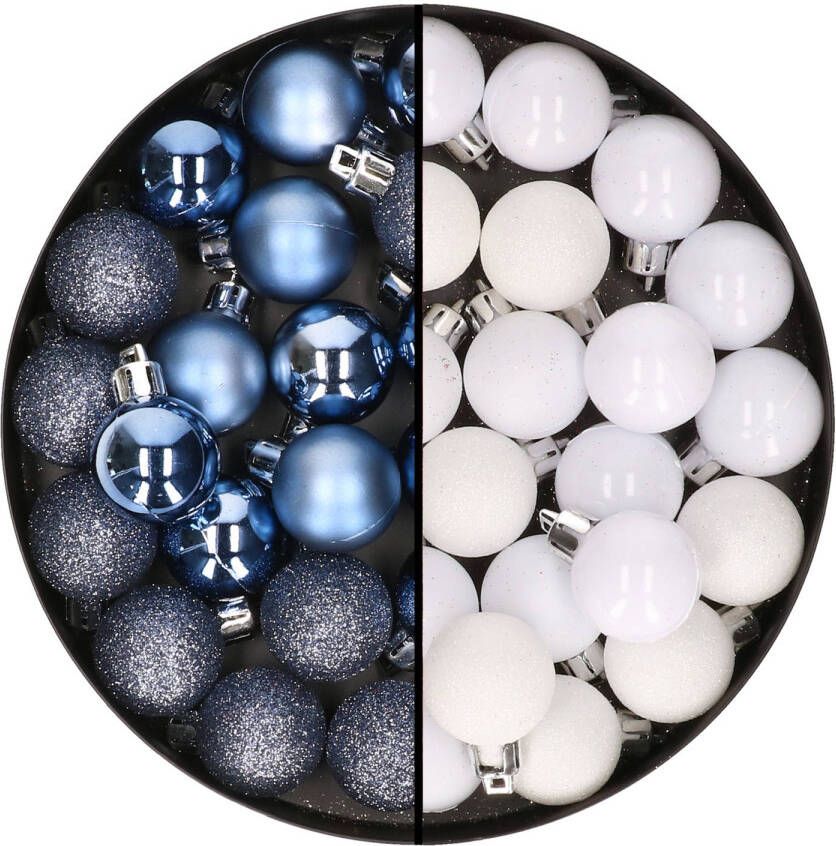 Cosy & Trendy Kleine kunststof kerstversiering 40x stuks set en 3 cm kerstballen in het wit en donkerblauw Kerstbal