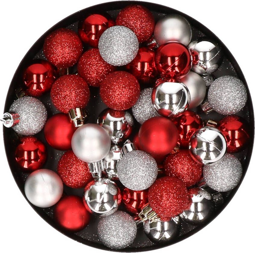 Cosy & Trendy Kleine kunststof kerstversiering 40x stuks set en 3 cm kerstballen in het zilver en rood Kerstbal