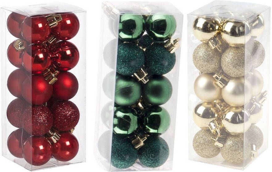 Cosy & Trendy Kleine kunststof kerstversiering 60x stuks set en 3 cm kerstballen in het rood-goud-groen Kerstbal