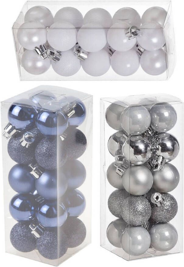 Cosy & Trendy Kleine kunststof kerstversiering 60x stuks set en 3 cm kerstballen in het zilver-wit-blauw Kerstbal