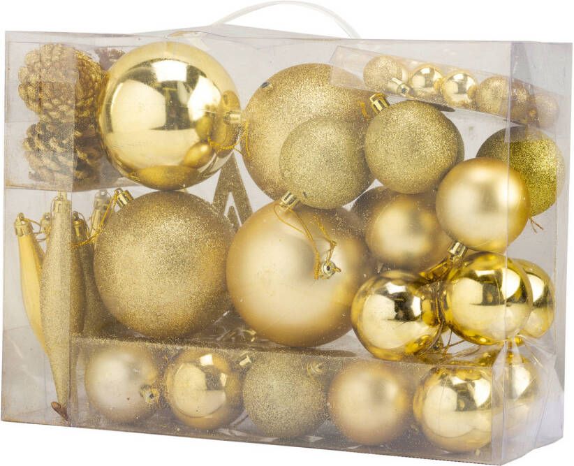 Cosy & Trendy Pakket met 53x stuks kunststof kerstballen en kerstornamenten met ster piek goud Kerstbal