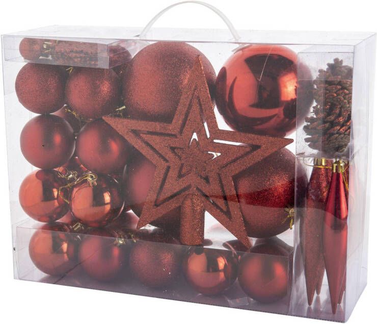 Cosy & Trendy Pakket met 53x stuks kunststof kerstballen en kerstornamenten met ster piek rood Kerstbal