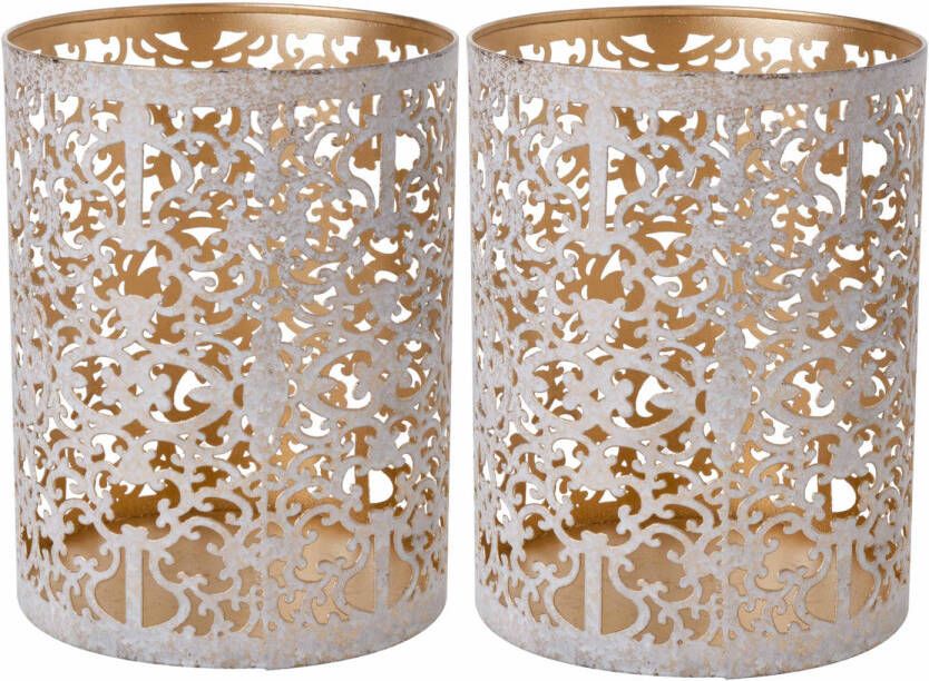 Cosy & Trendy Set van 2x stuks theelichthouders waxinelichthouders goud white wash 13 cm Waxinelichtjeshouders
