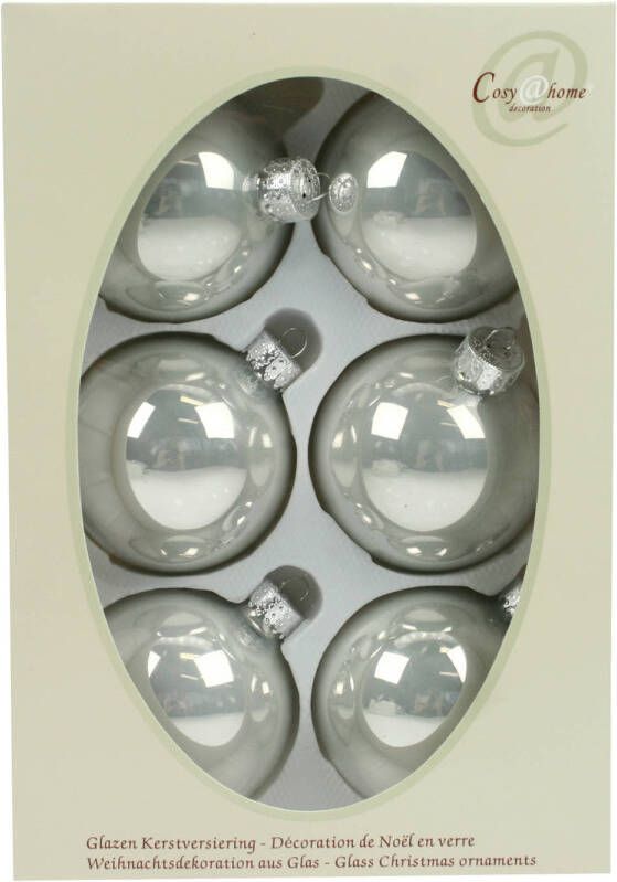 Cosy & Trendy 6x stuks glazen kerstballen zilver wit 7 cm glans Kerstbal