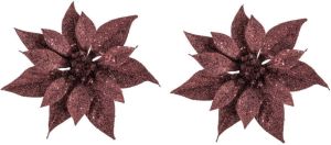 Cosy @ Home 2x stuks decoratie bloemen kerstster donkerrood glitter op clip 18 cm Kunstbloemen