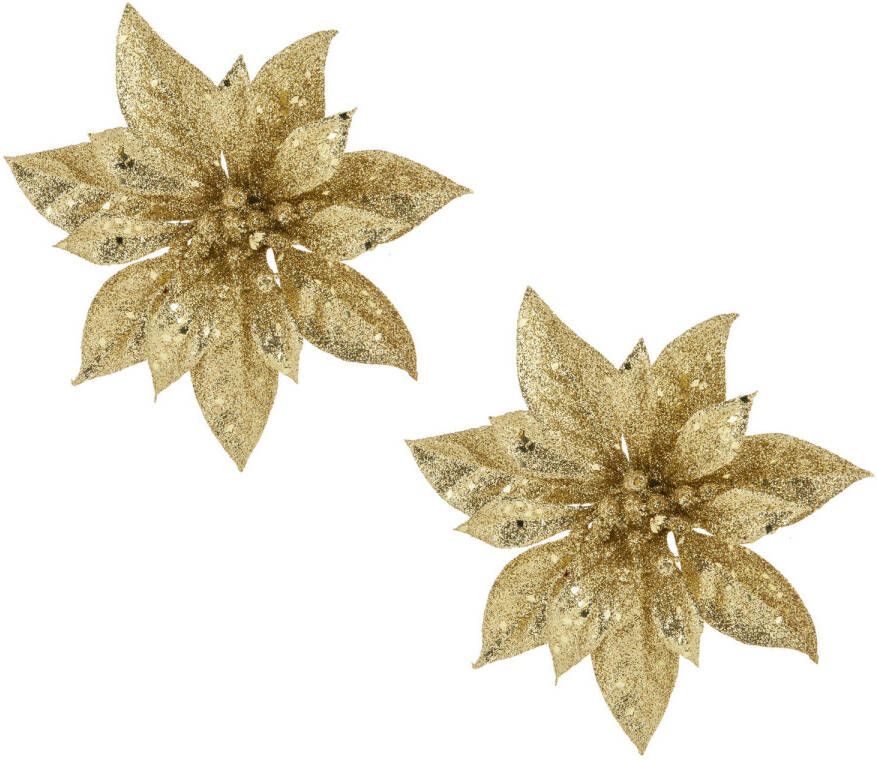 Cosy & Trendy 2x stuks decoratie bloemen kerstster goud glitter op clip 15 cm Kunstbloemen