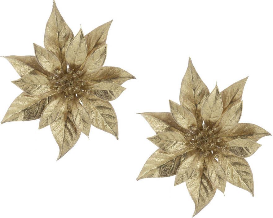 Cosy & Trendy 2x stuks decoratie bloemen kerstster goud glitter op clip 18 cm Kunstbloemen