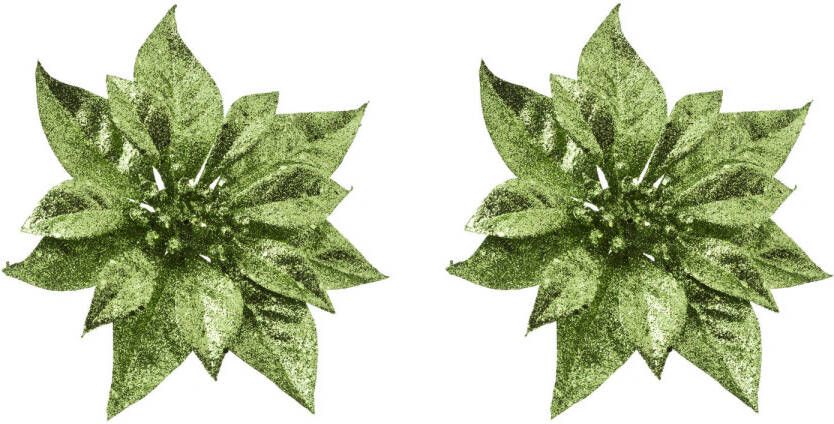 Cosy & Trendy 2x stuks decoratie bloemen kerstster groen glitter op clip 18 cm Kunstbloemen