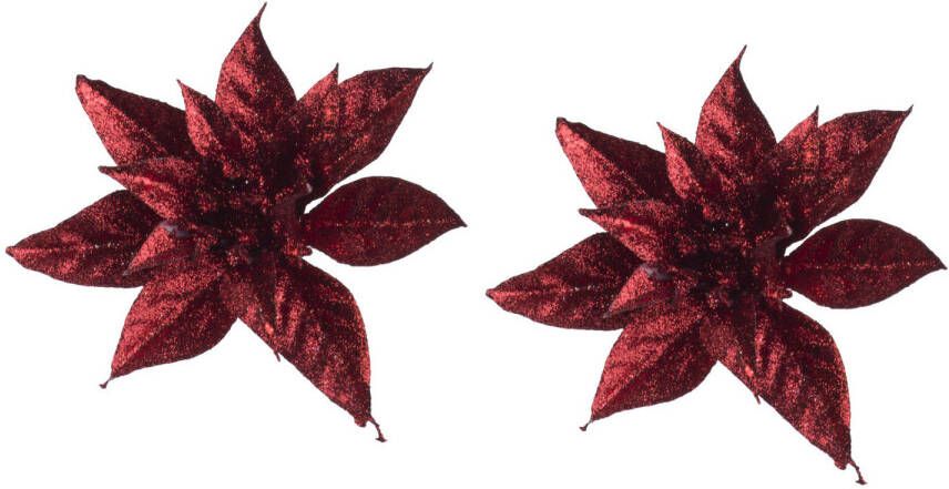 Cosy & Trendy 2x stuks decoratie bloemen kerstster rood glitter op clip 15 cm Kunstbloemen