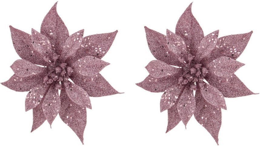 Cosy & Trendy 2x stuks decoratie bloemen kerstster roze glitter op clip 18 cm Kunstbloemen