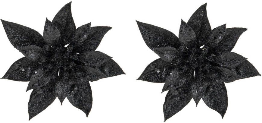 Cosy & Trendy 2x stuks decoratie bloemen kerstster zwart glitter op clip 15 cm Kunstbloemen