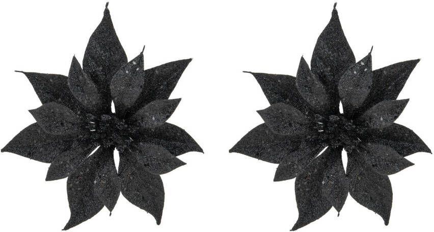 Cosy & Trendy 2x stuks decoratie bloemen kerstster zwart glitter op clip 18 cm Kunstbloemen