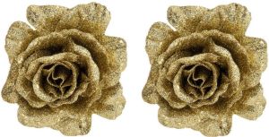 Cosy @ Home 2x stuks decoratie bloemen roos goud glitter op clip 10 cm Kunstbloemen
