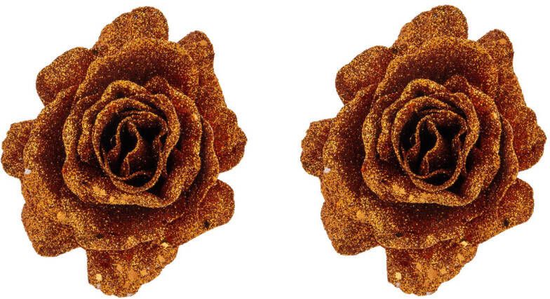 Cosy & Trendy 2x stuks decoratie bloemen roos koper glitter op clip 10 cm Kunstbloemen